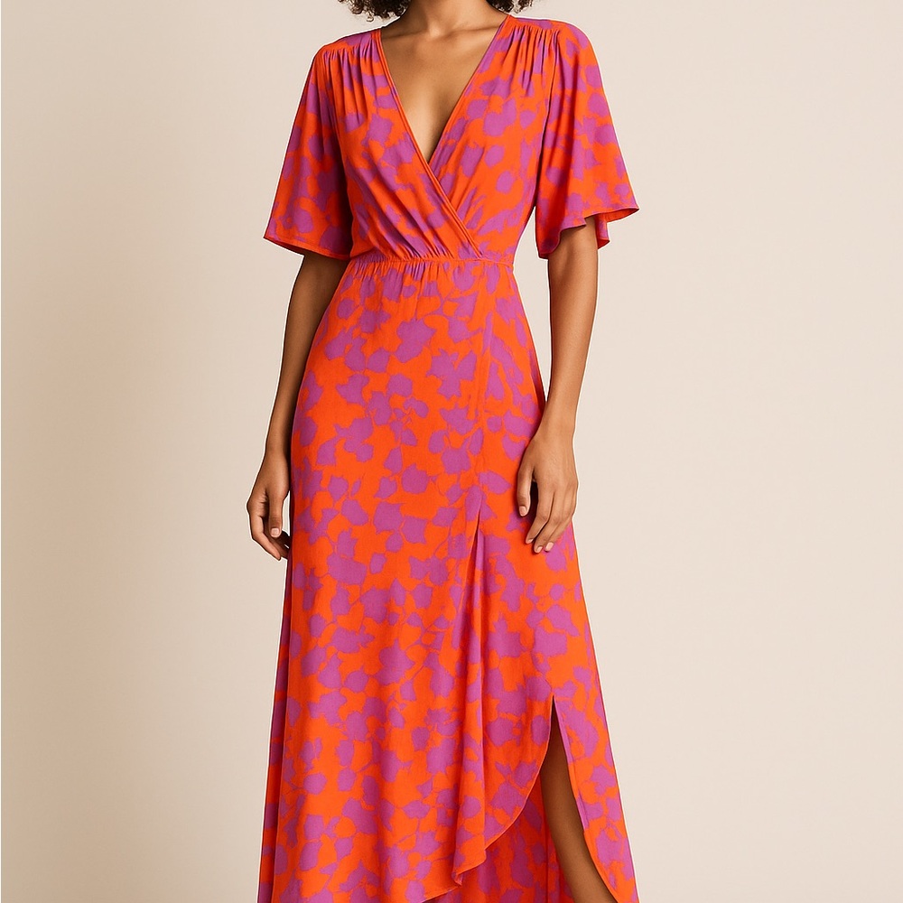 Bobeau Bold Floral Wrap Maxi Dress — Orange & Lilac — Size M